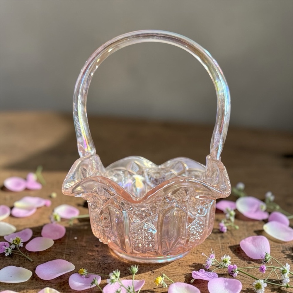Vintage LE Smith Pink Iridescent Carnival Glass Basket Heritage Quintec